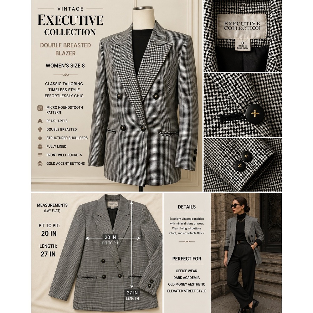 Executive Collection Vintage Houndstooth Blazer Double Breasted Gold Button 8 8